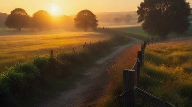 Photo a country road with a fence and a field with trees in the background