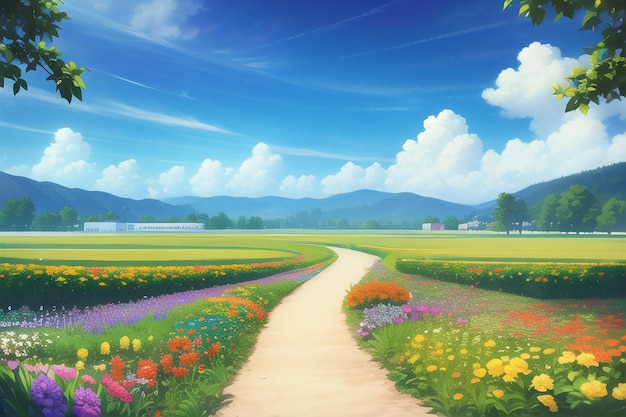 A country road with a field of flowers and a blue sky with clouds