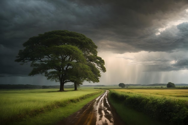 A country road with rain clouds background