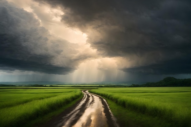 A country road with rain clouds background