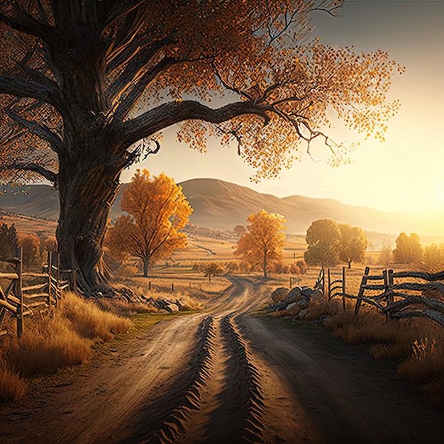 A country road with a tree on the left side and a fence on the right side.