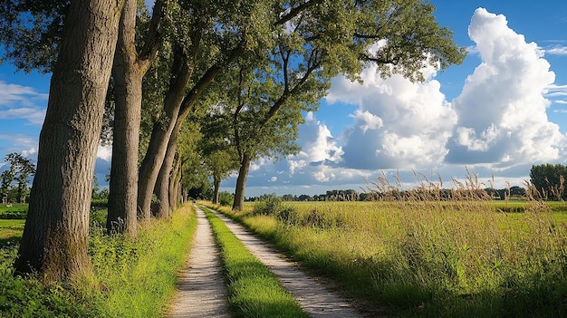 Photo a country road with trees on the right and a blue sky with clouds