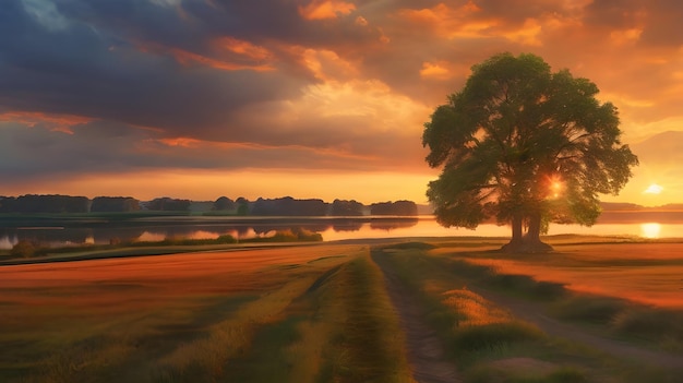 Photo a country scene with dramatic volumetric cinematic light beautiful landscape painting peaceful