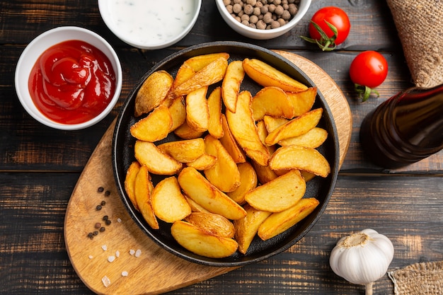 Country-style baked potato wedges in pan on wooden background. Top view