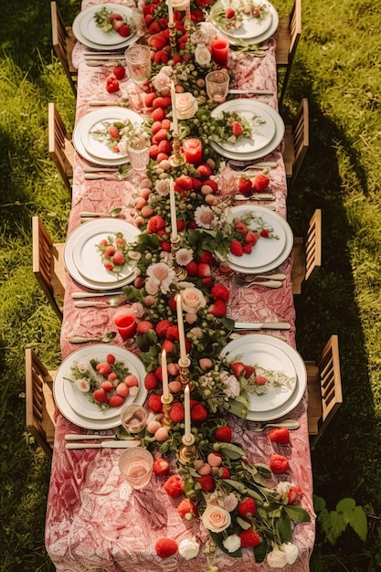 Country tablescape formal dinner table setting table scape with strawberry decoration for wedding party and holiday event celebration generative ai