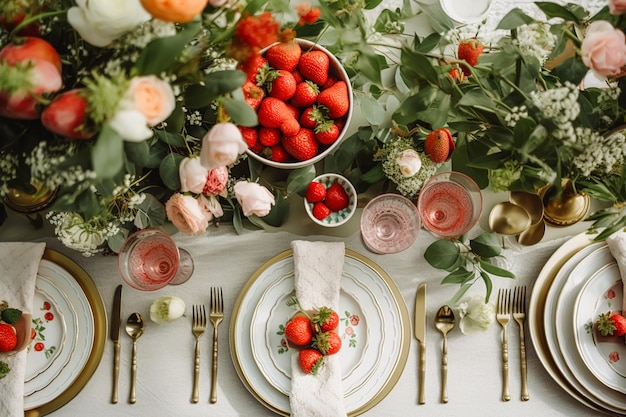 Country tablescape formal dinner table setting table scape with strawberry decoration for wedding party and holiday event celebration generative ai