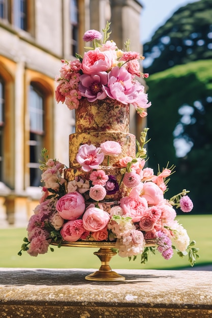 Country wedding garden and floral decor beautiful luxurious pink flowers decoration in country style generative ai