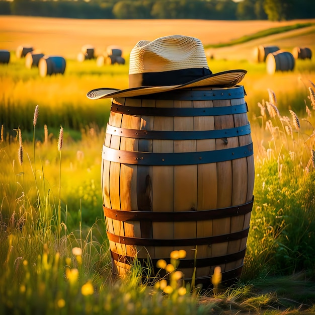 Countryside Charm Antique Wooden Barrels and Straw Hat on Grassy Field