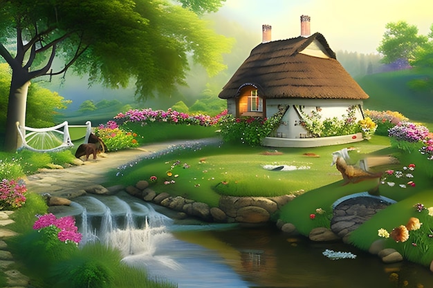 Countryside cottage with lush meadows beside a babbling stream