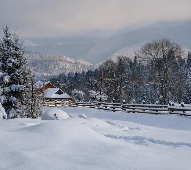 Countryside hills groves and farmlands in winter remote alpine mountain village