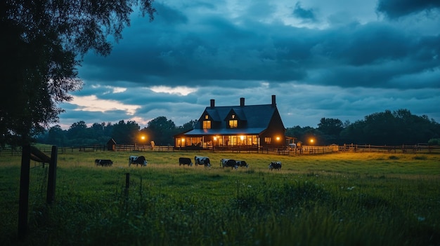 Photo countryside house with cows at dusk