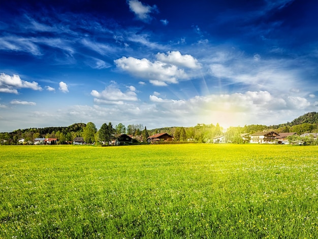 Countryside meadow field with sun and blue sky