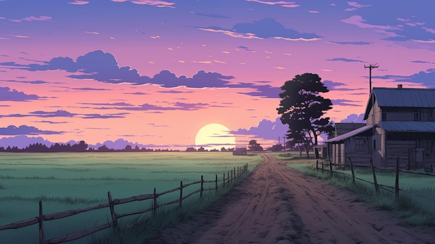 Countryside path leading to farmhouse sunrise ai generated 2D cartoon illustration