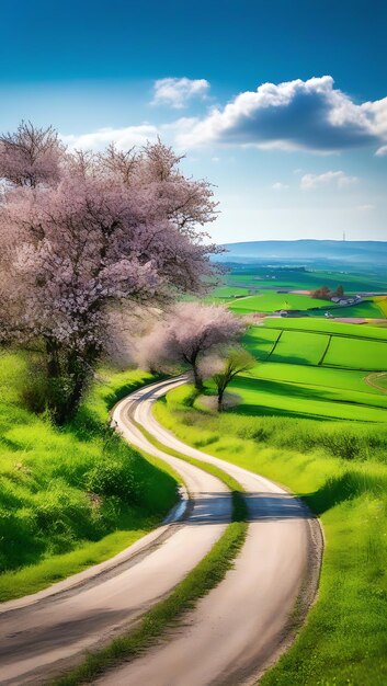 Photo countryside road green fields trees