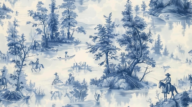 Countryside Scene in Blue and White Toile de Jouy Wallpaper Style Inspired by Monet and Vers