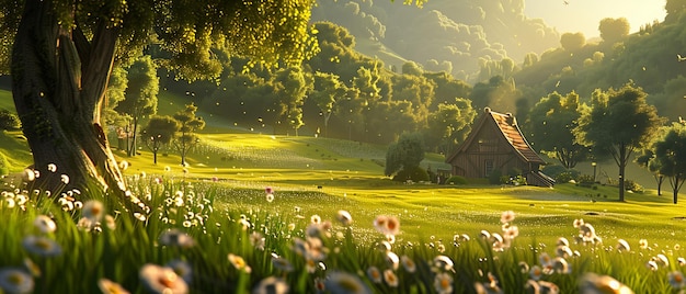 Countryside scene with hillsgreen grass and wildflowers in full bloom peace and tranquility