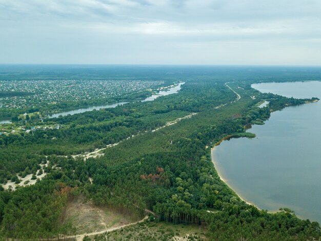 Countryside view from the air Top view of the river, Aerial view of the forest,