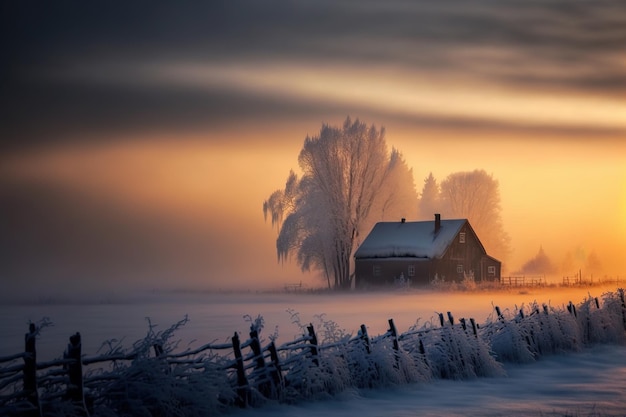 Countryside winter landscape with house