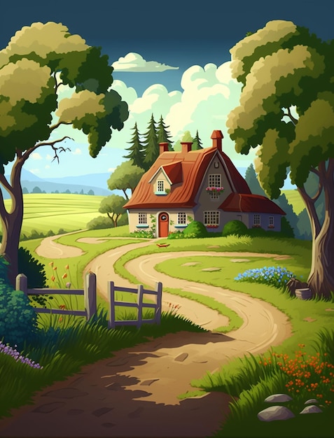 Countryside with cottage dirt roads trees flowers cartoon style