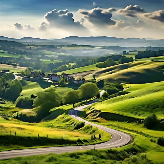 Countryside with a winding road and rolling hills