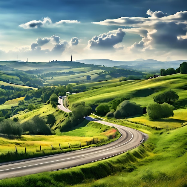 Countryside with a winding road and rolling hills