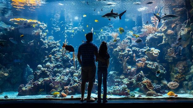 Couple admiring an aquarium with colorful fish and corals