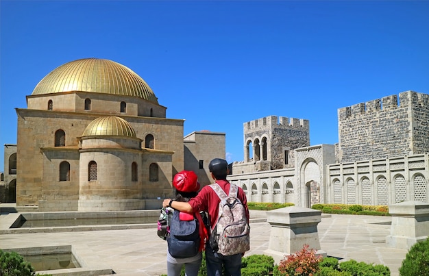 Couple Admiring the Gorgeous Akhmediye Mosque inside the Rabati Castle Akhaltsikhe Georgia