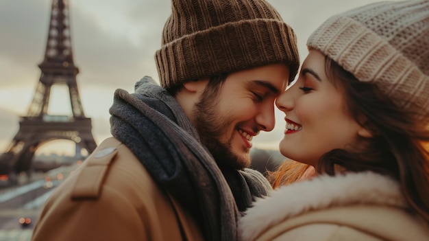 couple against the backdrop of the Eiffel Tower