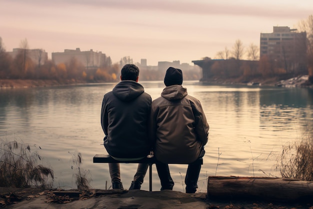 Couple against river background backs touching symbolizing relationship cooling Beautiful view