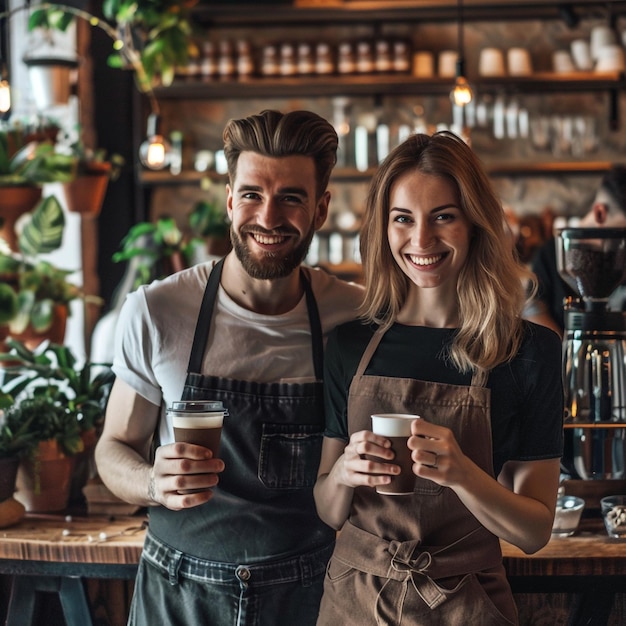 a couple are smiling and holding cups of beer