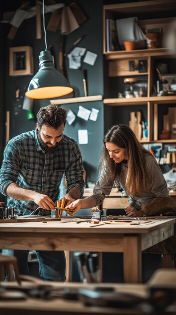 Photo couple assembling furniture with tools and instructions