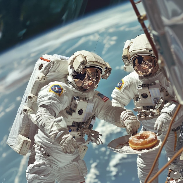 a couple of astronauts are holding food and one of them has a star on his arm