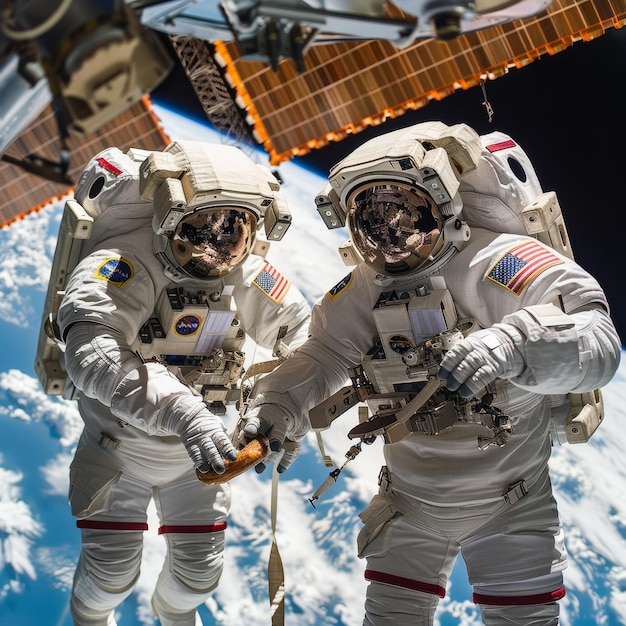 a couple of astronauts are standing in front of a space shuttle