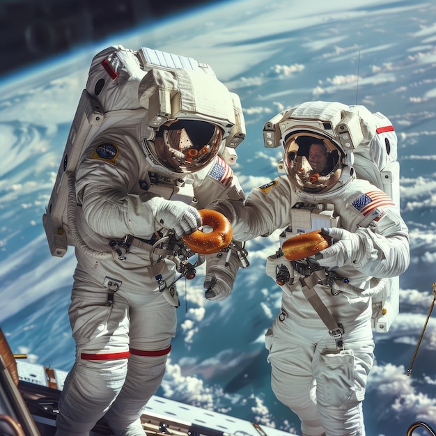 a couple of astronauts are standing in space with one holding a glove