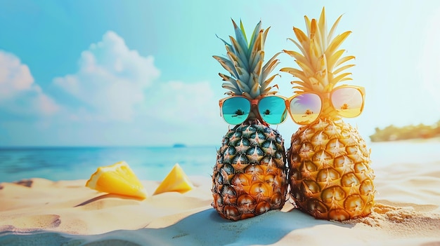 Couple of attractive pineapples in love on the sand against turquoise sea Wearing st Generative AI