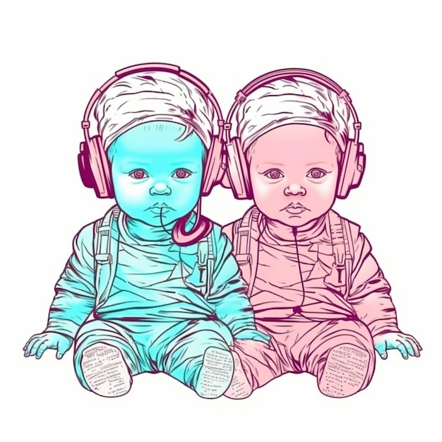 A couple of babies with headphones in pink and blue.