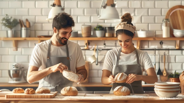 Photo couple baking artisan bread together