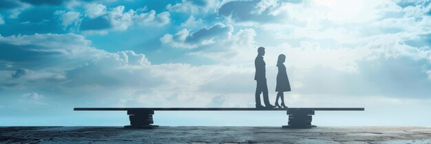 Photo couple balancing on a seesaw against the sky a couple stands on a seesaw symbolizing balance