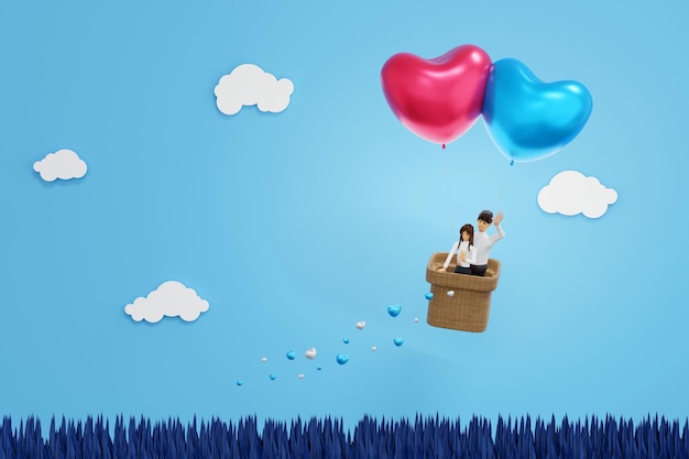 Couple in balloon fly with heart falling to the grass field valentine's Day celebration 3D rendering