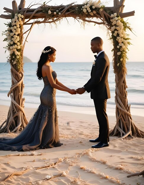 Photo a couple on the beach the bride and groom hold hands