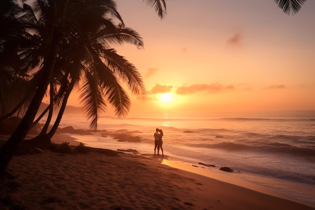 A couple on a beach at sunset with palm trees in the background