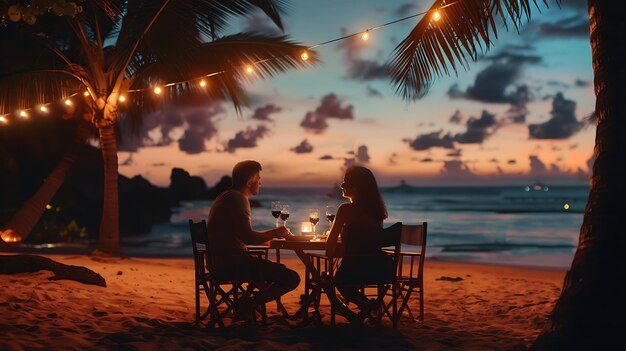 Photo couple on a beach at sunset with wine glasses