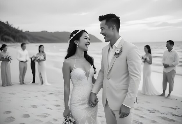 Photo a couple on the beach with the bride and groom