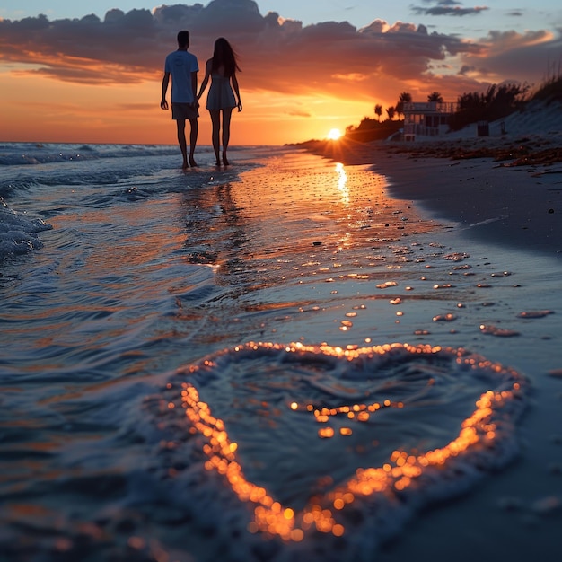 a couple on the beach with a heart in the sand