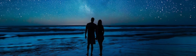 a couple on the beach with a starry sky in the background