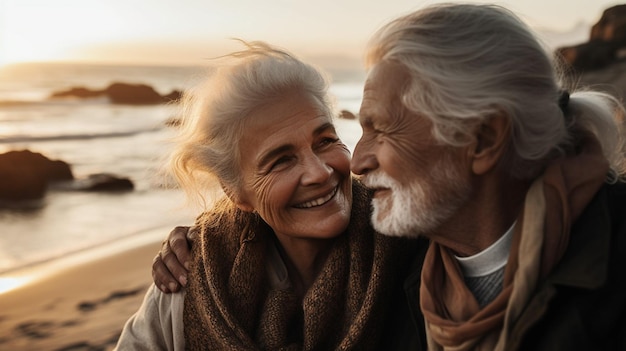 A couple on a beach with a sunset in the background