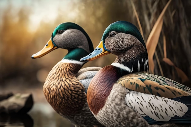 A couple of beautiful solourful mallards or wild ducks on a cloudy autumn day against environment background Shallow depth selective focus