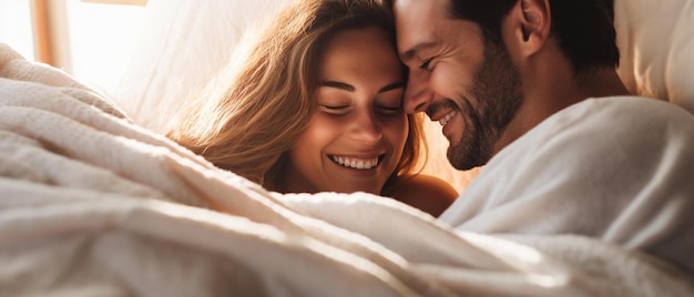 a couple in bed with a blanket that says  love