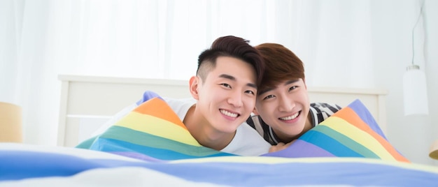 a couple in a bed with a rainbow colored blanket