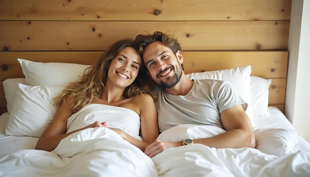 Photo a couple in bed with a white sheet that says love on the bottom